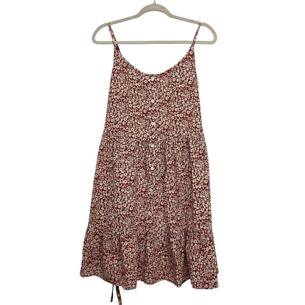 sm wardrobe Brick Red Floral Sundress, Button Tie Ruffle, Cottage, Prairie, S